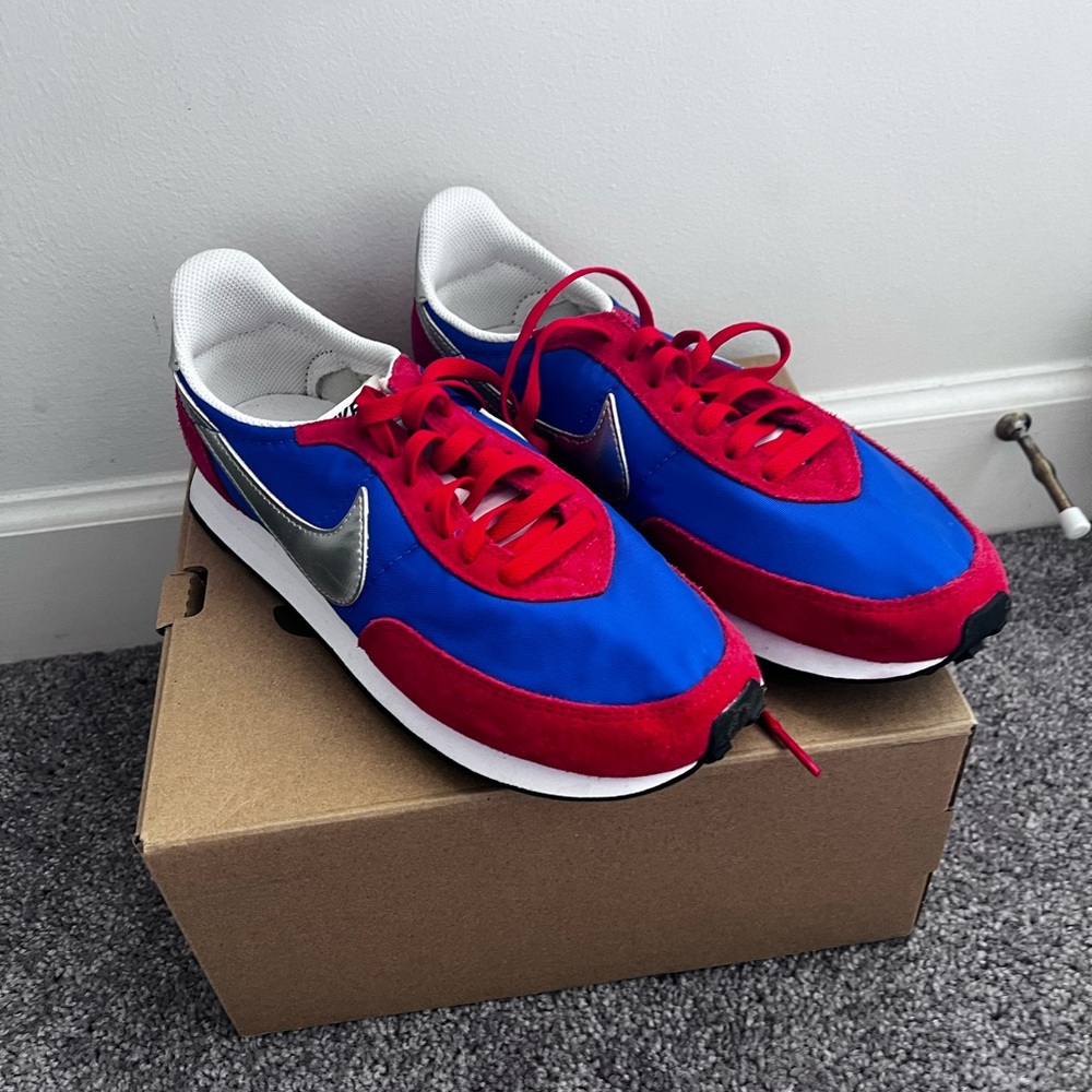Nike Dynamic Red and Blue Sneakers with Silver Swoosh